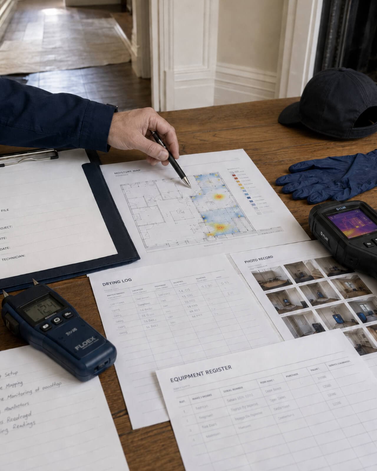 Floex job file review with moisture map, drying log, equipment register and thermal camera