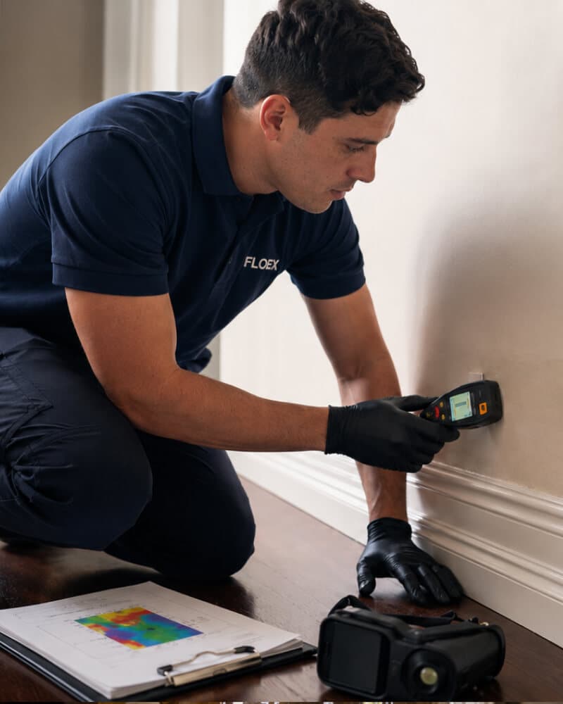 Floex technician taking a moisture reading at skirting board