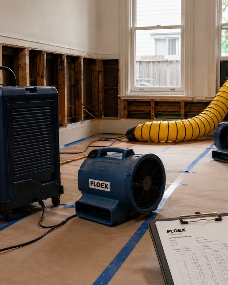 Structural drying equipment arranged in a stripped Melbourne terrace room