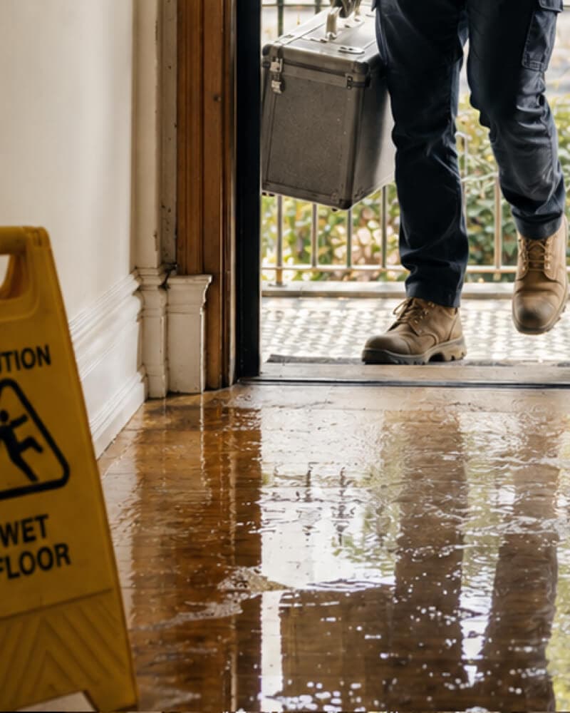 Technician entering a wet hallway with equipment case and wet floor sign